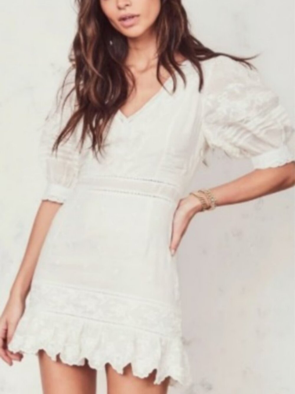 Love Shack Fancy Lena White V-Neck Embroidered Lace Mini Dress Size XS